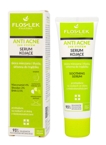 FLOS-LEK ANTI ACNE 24h System Soothing Serum for Mixed, Oily and Acne-Prone Skin 93% Natural Vegan 50ml