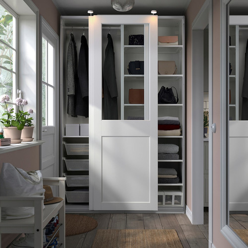 PAX / GRIMO Wardrobe combination, white/clear glass white, 150x66x236 cm