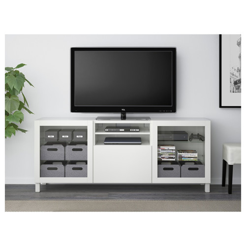 BESTÅ TV bench with drawers, Lappviken, Sindvik white clear glass, 180x40x74 cm