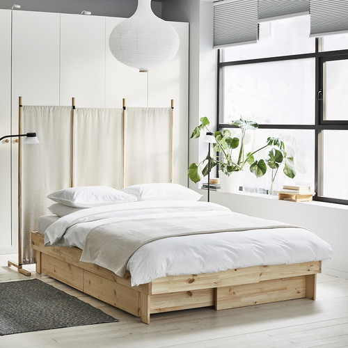 GLAMBERGET Bed frame with storage and mattress, pine/Åkrehamn medium firm, 140x200 cm