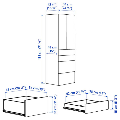 SMÅSTAD / PLATSA Wardrobe, white with frame/with 3 drawers, 60x42x181 cm