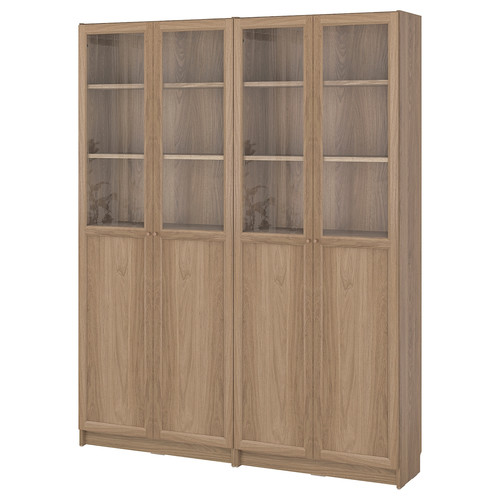 BILLY / OXBERG Bookcase comb w panel/glass doors, oak effect, 160x30x202 cm