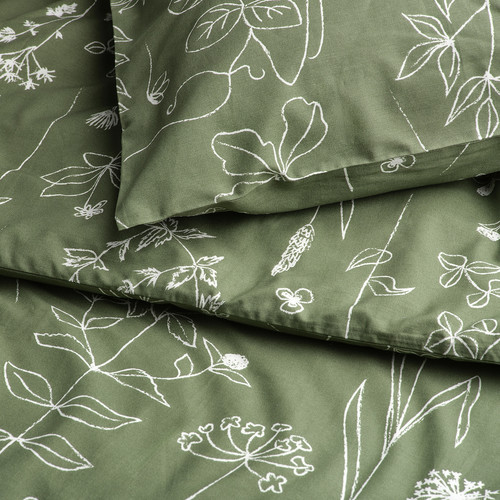 SLÅNGULDMAL Duvet cover and pillowcase, green/floral pattern, 150x200/50x60 cm