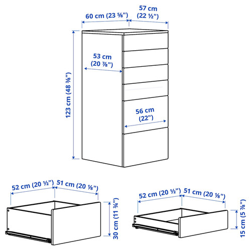 SMÅSTAD / PLATSA Chest of 6 drawers, white birch/blue, 60x57x123 cm