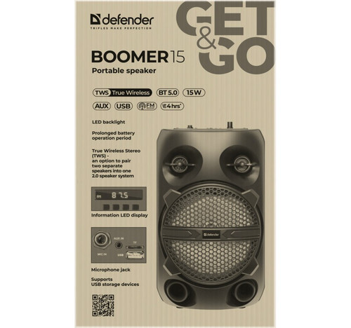 Defender Portable Speaker Boomer 15 15W, BT/FM/USB/TF/AUX/Light