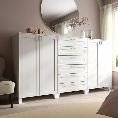 PLATSA Cabinet with doors and drawers, white/SANNIDAL white, 240x57x133 cm