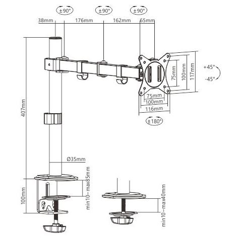 Gembird Adjustable Desk Display Mounting Arm, rotate, tilt, swivel, 17-32" 9kg