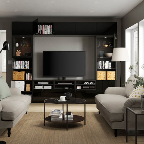 BESTÅ TV storage combination/glass doors, black-brown/Selsviken high-gloss/black clear glass, 300x42x231 cm