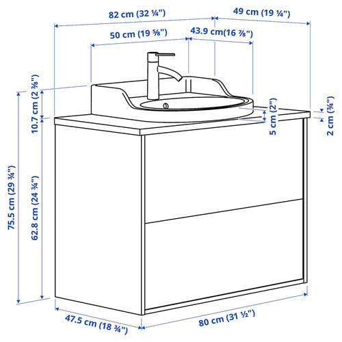 TÄNNFORSEN / RUTSJÖN Wash-stnd w drawers/wash-basin/tap, white/brown walnut effect, 82x49x76 cm