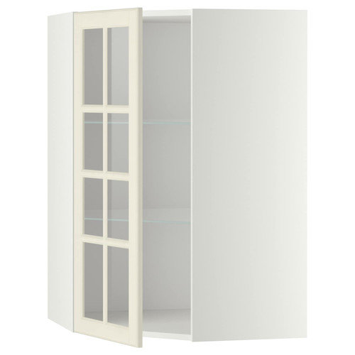 METOD Corner wall cab w shelves/glass dr, white/Bodbyn off-white, 68x100 cm