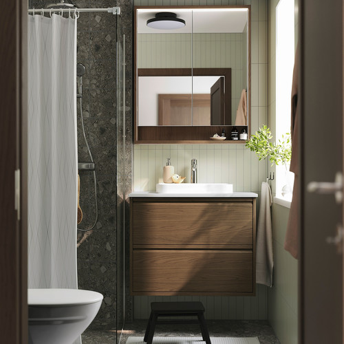 ÄNGSJÖN / BACKSJÖN Wash-stnd w drawers/wash-basin/tap, brown oak effect/white marble effect, 82x49x71 cm