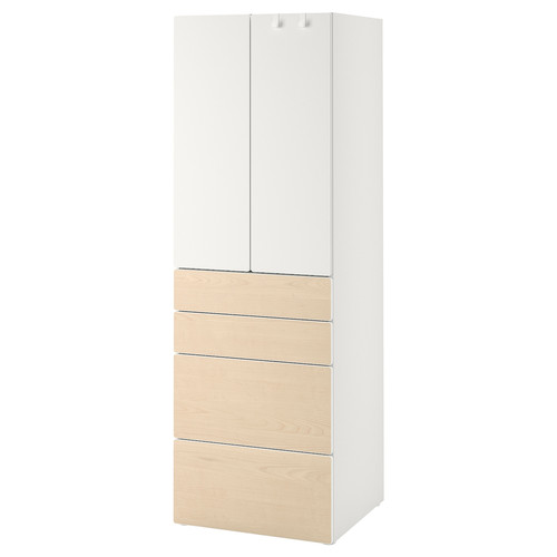 SMÅSTAD / PLATSA Wardrobe, white/birch with 4 drawers, 60x57x181 cm