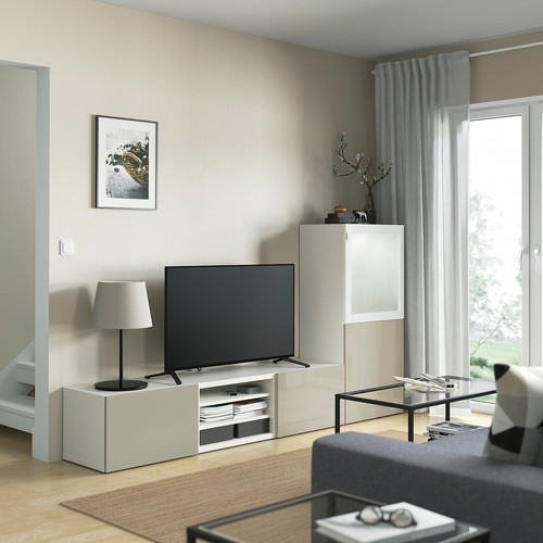 BESTÅ TV storage combination/glass doors, white/Selsviken high-gloss/beige frosted glass, 240x42x129 cm