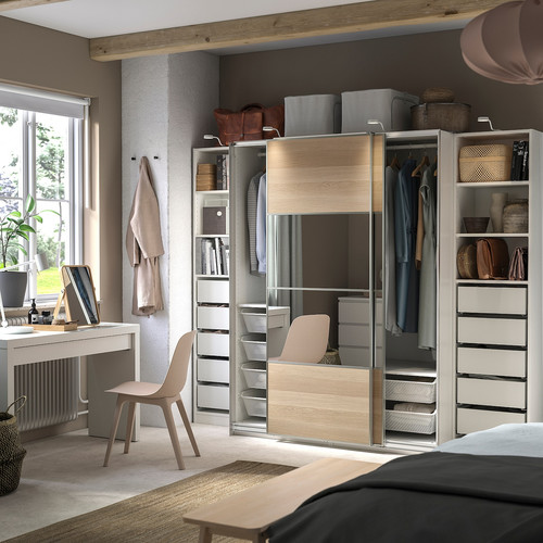 PAX / MEHAMN/AULI Wardrobe with sliding doors, white double sided/white stained oak effect mirror glass, 250x66x201 cm