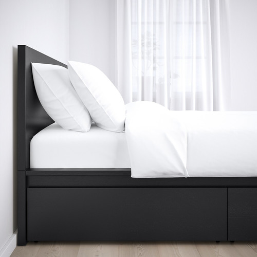 MALM Bed frame, high, w 4 storage boxes, black-brown, Lönset, 140x200 cm