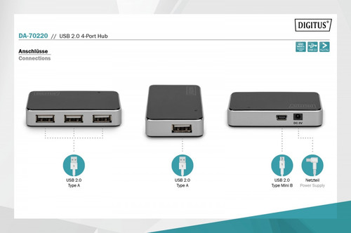 Digitus USB 2.0, 4-Port Hub, 4x USB A/F, 1x USB Bmini/F incl. USB A/M to mini5P cable, black