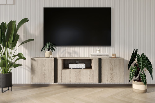 Wall-Mounted TV Cabinet Verica 150 cm, biscuit oak/black handles