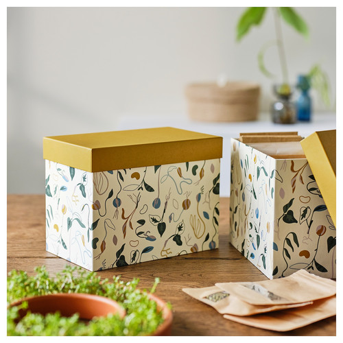DAKSJUS Box with lid, set of 2, sprout patterned off-white/yellow-brown