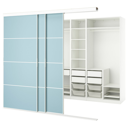 SKYTTA / PAX Walk-in wardrobe with sliding doors, white double sided/Mehamn light blue, 276x160x240 cm