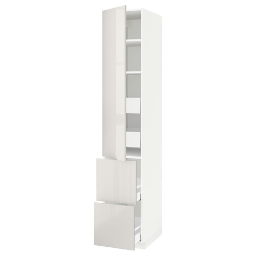 METOD / MAXIMERA Hi cab w shlvs/4 drawers/dr/2 frnts, white/Ringhult light grey, 40x60x220 cm