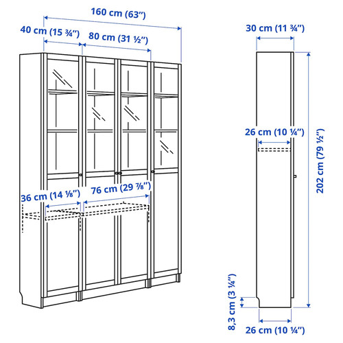 BILLY / OXBERG Bookcase comb w panel/glass doors, brown walnut effect, 160x202 cm