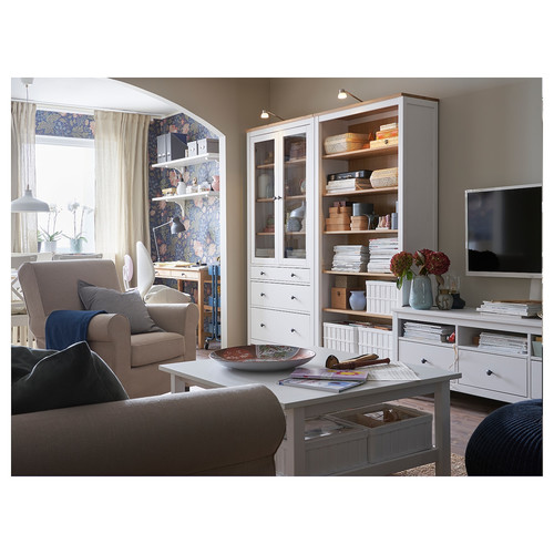 HEMNES Glass-door cabinet with 3 drawers, white stain, light brown, 90x197 cm