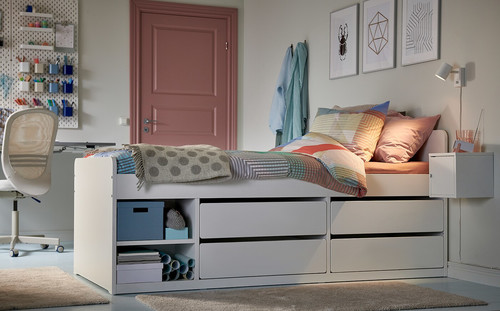 SLÄKT Bed frame w storage+slatted bedbase, white, 90x200 cm