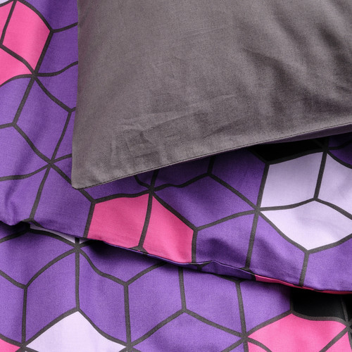 BLÅSKATA Duvet cover and pillowcase, purple/black patterned, 150x200/50x60 cm