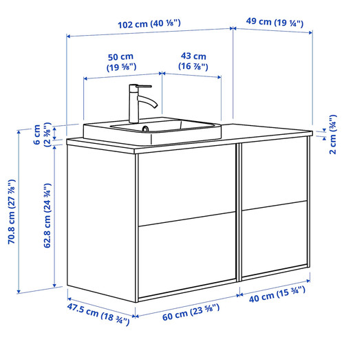 ÄNGSJÖN / BACKSJÖN Wash-stand/wash-basin/tap, brown oak effect/white marble effect, 102x49x71 cm