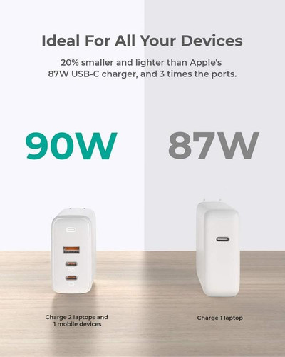 Aukey Charger 1xUSB-A 2xUSB-C 3A 90W EU Plug, white