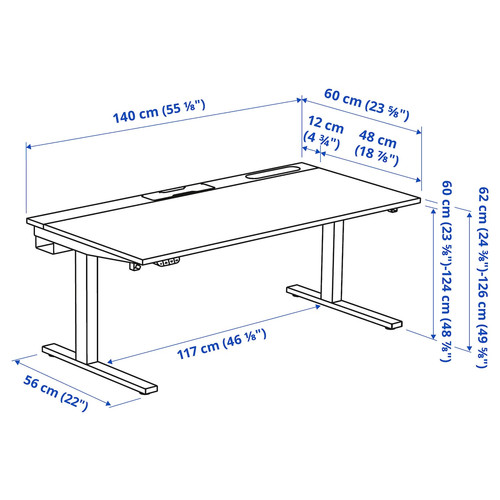 MITTZON Desk sit/stand, electric black stained ash veneer/white, 140x60 cm