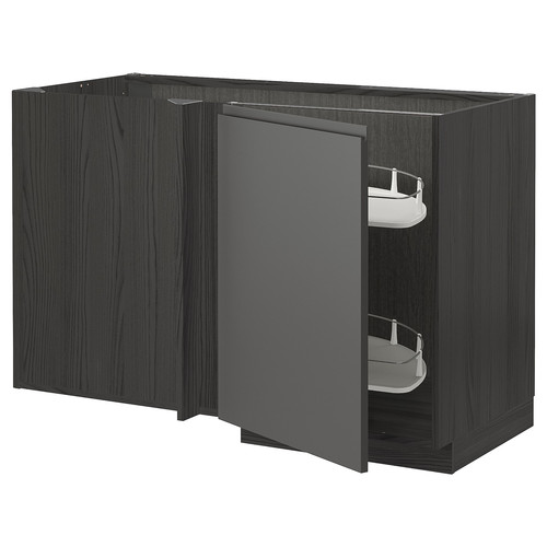 METOD Corner base cab w pull-out fitting, black/Voxtorp dark grey, 128x68 cm