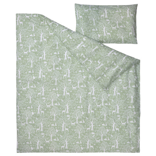 TROLLDOM Duvet cover 1 pillowcase for cot, forest animal pattern/green, 110x125/35x55 cm