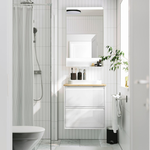 ÄNGSJÖN / BACKSJÖN Wash-stnd w drawers/wash-basin/tap, high-gloss white/bamboo, 62x49x71 cm