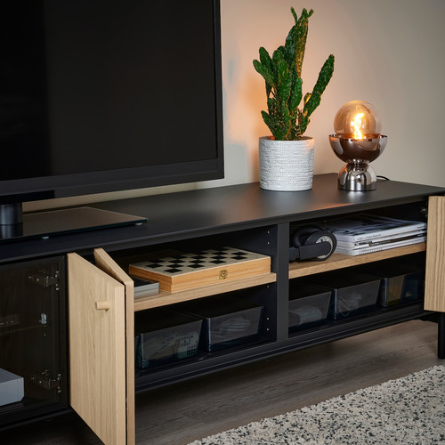BOASTAD TV bench, black/oak veneer, 181x42 cm