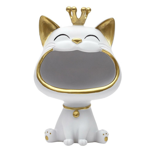 Decorative Figure with Storage Cat, white/gold