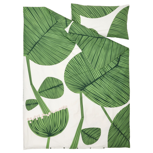 KUNGSCISSUS Duvet cover and pillowcase, white/green, 150x200/50x60 cm