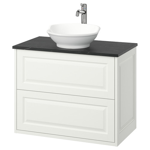 TÄNNFORSEN/VÄSTERSJÖN Wash-stnd w drawers/wash-basin/tap, white/black marble effect, 82x49x79 cm