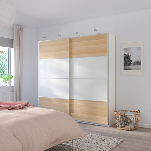 MEHAMN Pair of sliding doors, double sided/white stained oak effect white, 200x201 cm