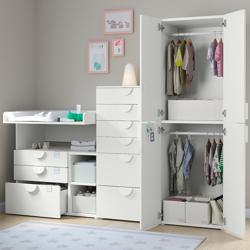 SMÅSTAD / PLATSA Storage combination, white white/with changing table, 210x79x181 cm