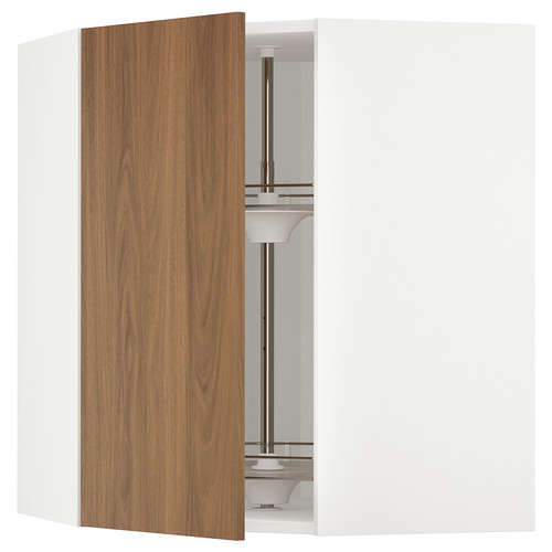 METOD Corner wall cabinet with carousel, white/Tistorp brown walnut effect, 68x80 cm