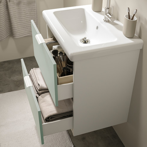 ENHET / TVÄLLEN Wash-stnd w drawers/wash-basin/tap, white/pale grey-green, 64x43x65 cm