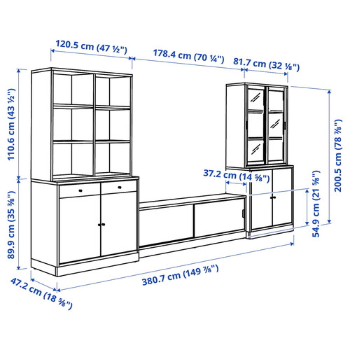 TONSTAD TV storage combination, oak veneer/clear glass, 381x47x201 cm