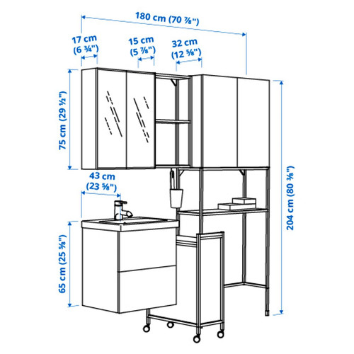 ENHET Laundry, anthracite/white, 180x43x204 cm