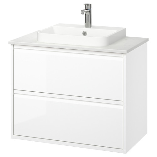 ÄNGSJÖN / BACKSJÖN Wash-stnd w drawers/wash-basin/tap, high-gloss white/white marble effect, 82x49x71 cm