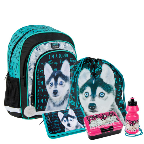 School Set 3in1 Husky - Backpack, Shoe Bag, Pencil Case + Lunch Box & Water Bottle