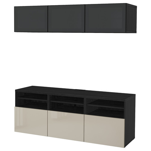 BESTÅ TV storage combination/glass doors, black-brown/Selsviken high-gloss/beige smoked glass, 180x42x192 cm