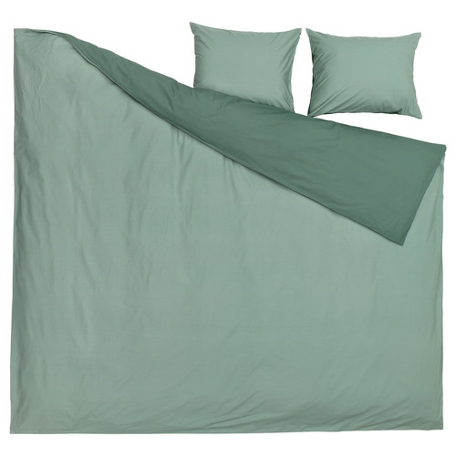 STRANDTALL Duvet cover and 2 pillowcases, grey-green/dark green, 200x200/50x60 cm