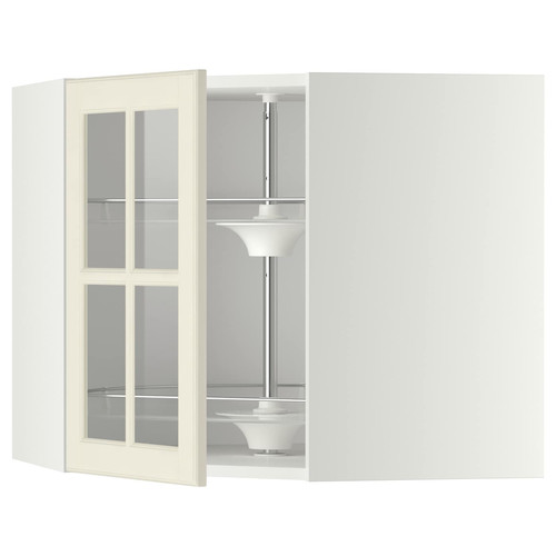 METOD Corner wall cab w carousel/glass dr, white/Bodbyn off-white, 68x60 cm