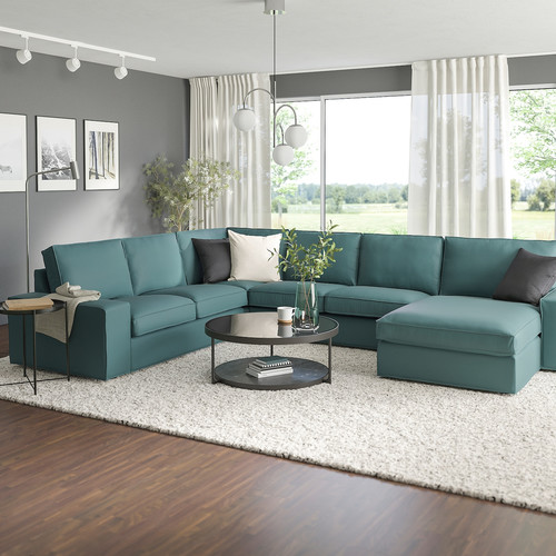 KIVIK Corner sofa, 5-seat w chaise longue, Kelinge grey-turquoise